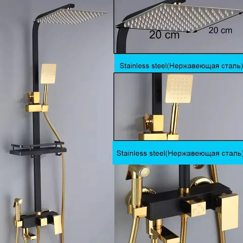 Black Gold Bathroom Shower System Brass Hot Cold Bathroom Faucets Set Accessories 10 Inch Stainless Steel Rain Shower Head