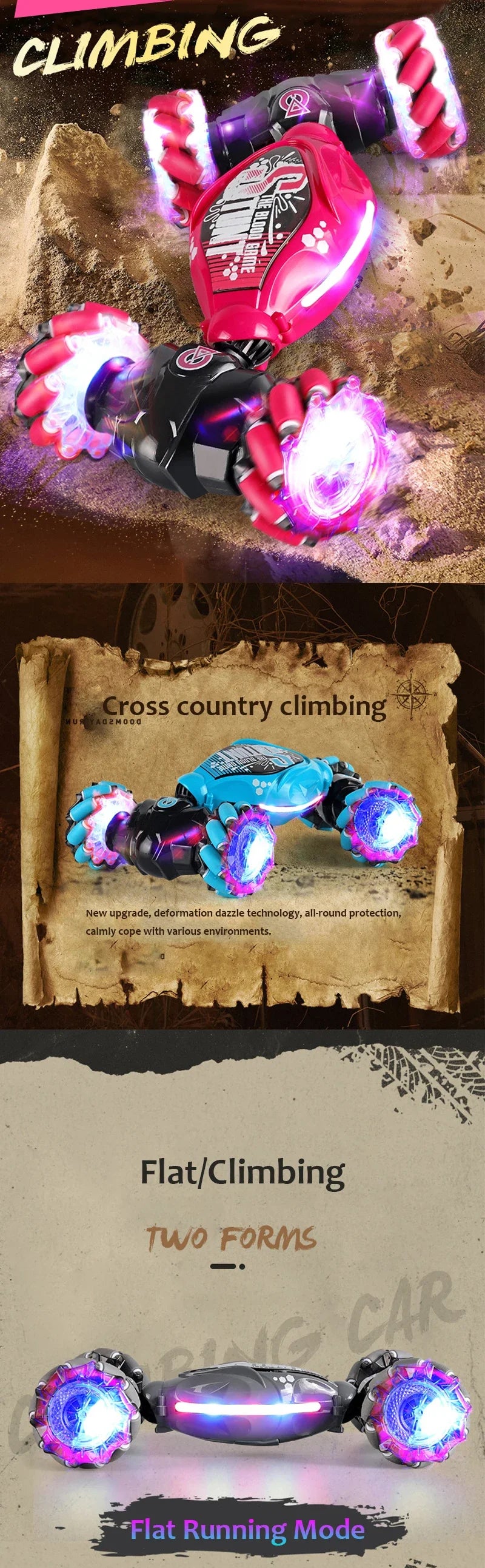 4WD RC Drift Car With Music Led Lights 2.4G Gesture Radio Remote Control Spray Stunt Car 360° Rotating Climbing Car Toys Gift