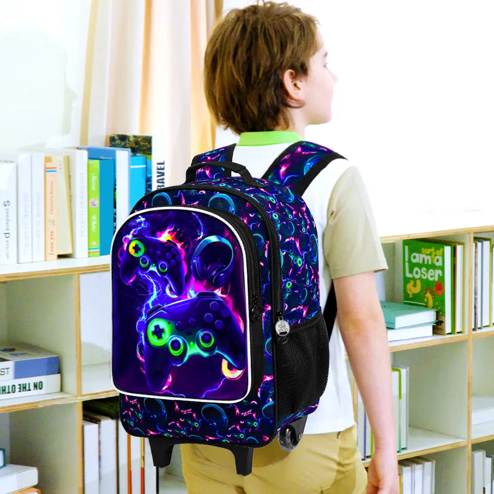 Rolling Backpack for Boys, 3PCS Kids Roller Bookbag with Lunch Bag, Wheeled School Bag for Children - Game Console