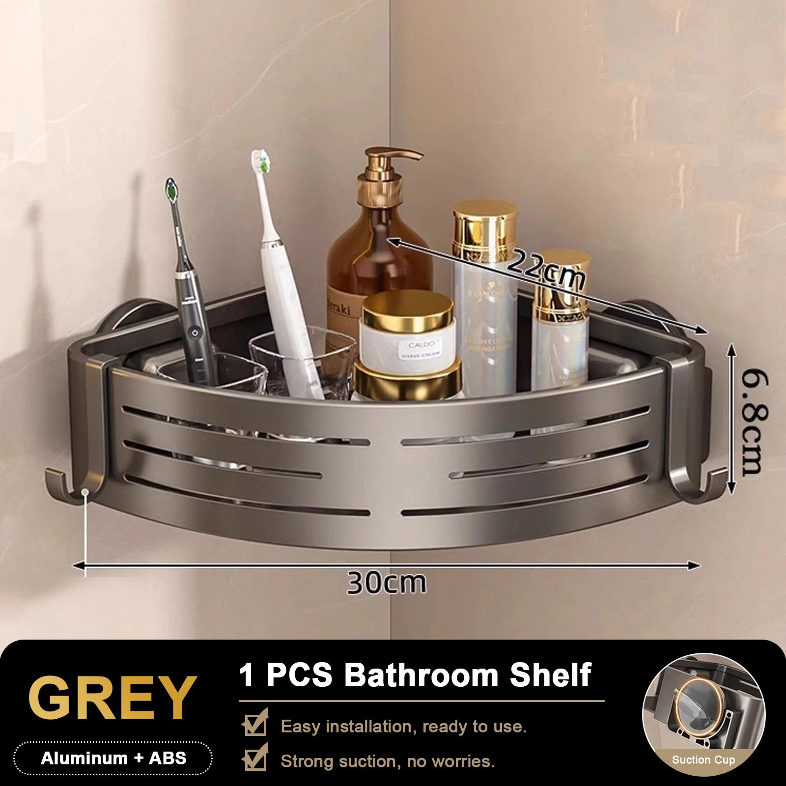 Triangular Shower Shelf with Hooks Suction Cup No Drill Bathroom Organizer Aluminum Corner Rack for Shampoo Soap Kitchen Storage