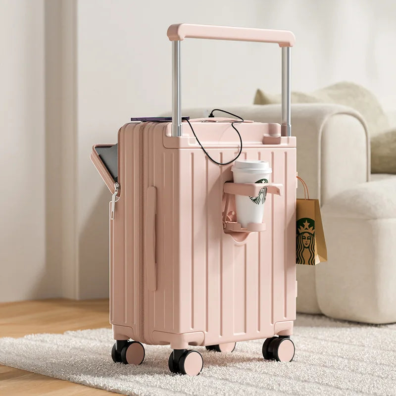 Travel Luggage Wide Tie Rod Suitcase Front Opening Laptop Boarding Case USB Charging 20"22"24"26 Inch Trolley Case with Wheels