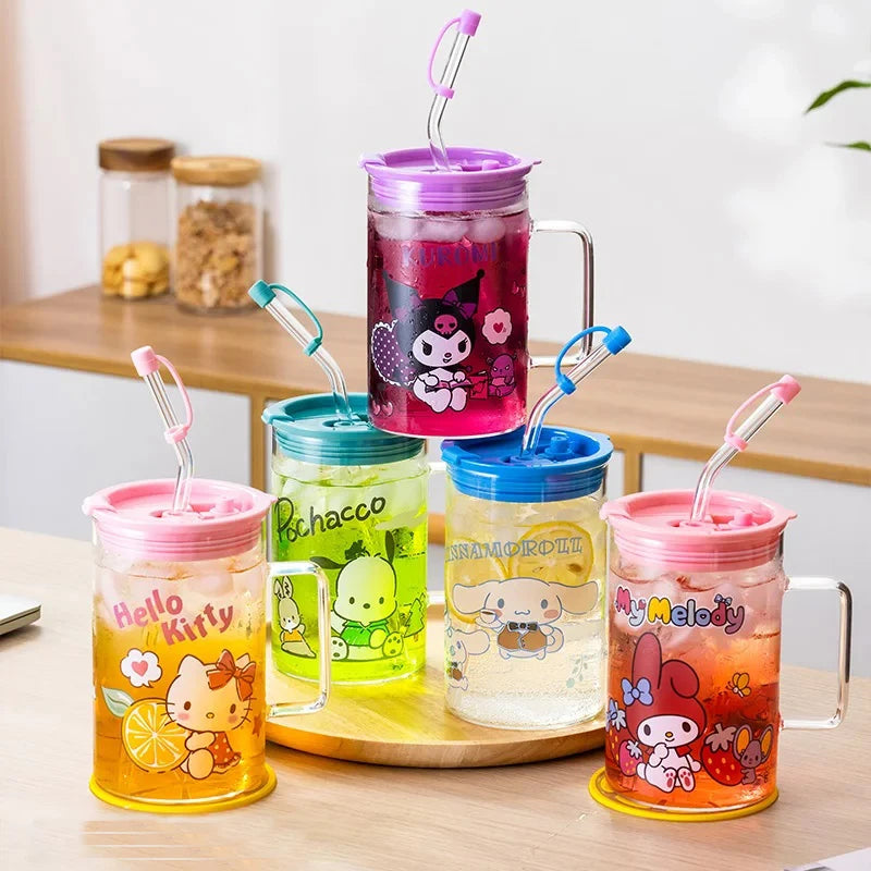 For Sanrio Collaboration Straw Glass Cup Transparent Coffee Mug Cartoon Print Water Cup with Scale＆Handle Home/Office Drinkware