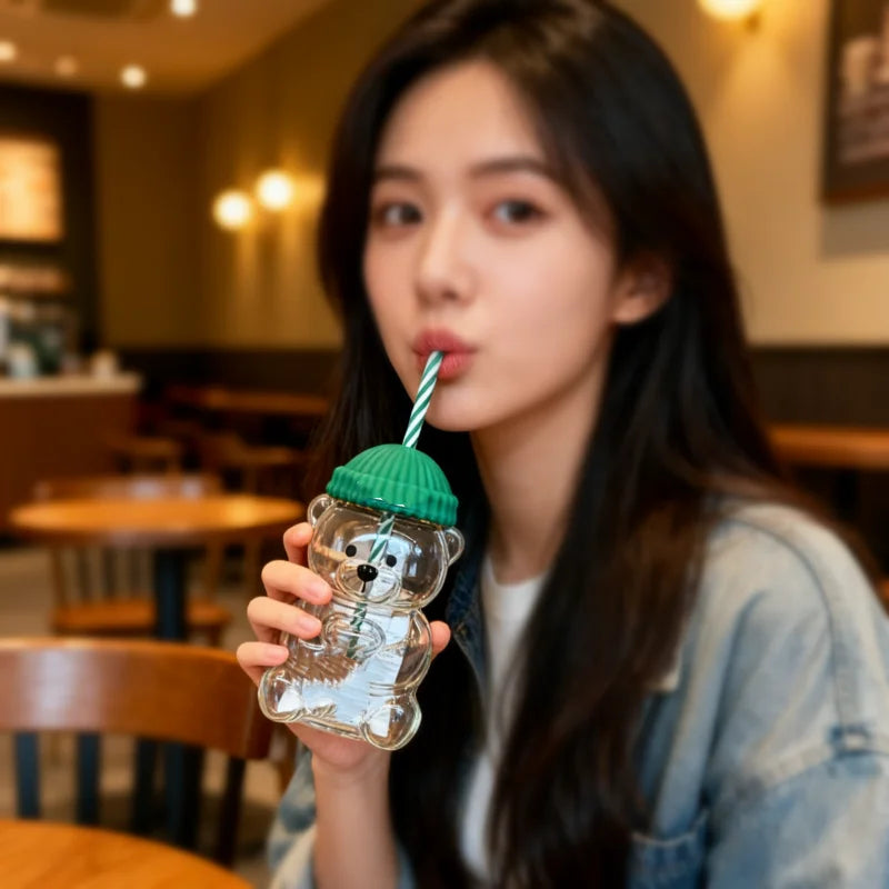 "Barista Bear Tumbler: Clear Bear Straw Cup, Perfect for Hot & Cold Drinks – The Cutest New Drinkware Trend"