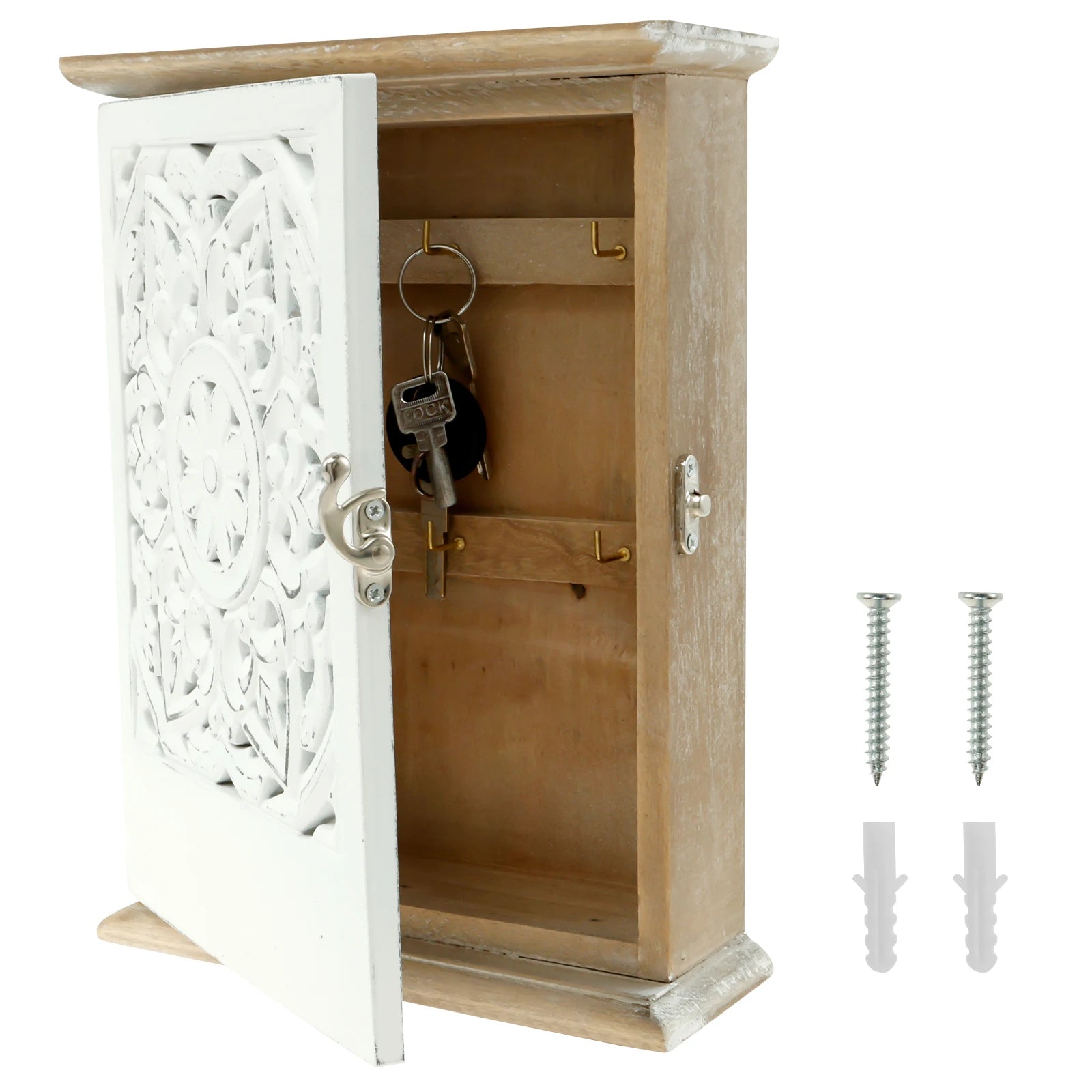Wood Key Cabinet Box with 6 Hook Wall Hanging Key Storage Ornaments Vintage Key Box for Home Office Entryway Hallway Living Room