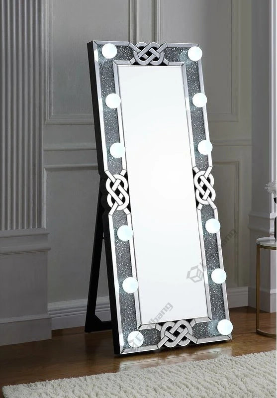 Hot Sale Crushed Diamond Hollywood Luxury Style Dressing Mirror LED Bulbs Floor Mirror