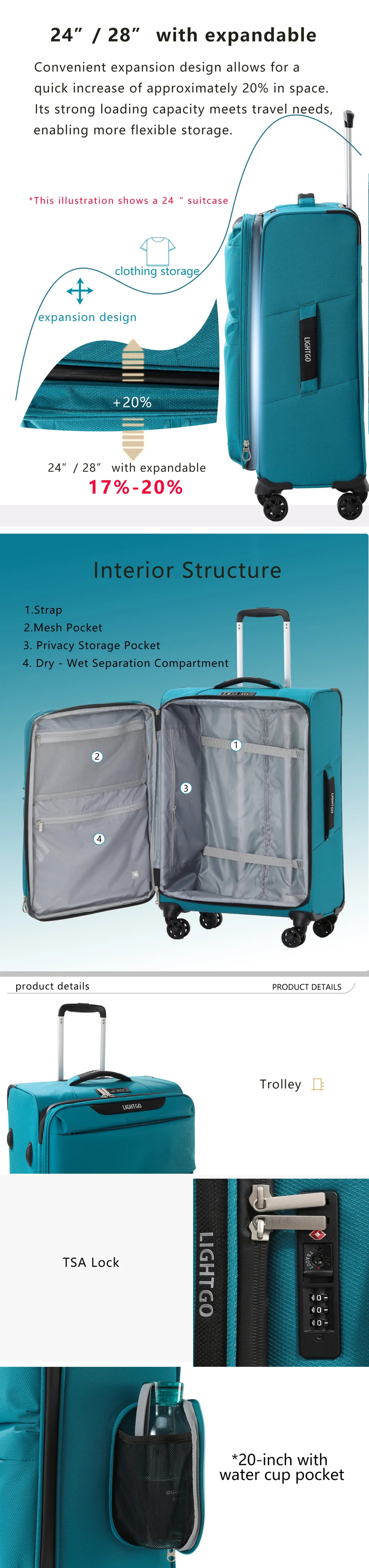 LightGo Ultra Lightweight Waterproof Expandable Large Capacity Suitcase 8 Wheel Silent Spinner Fashion Check in Luggage Carry-on