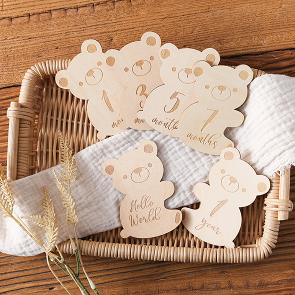 Baby Wooden Milestone Cards Bear Puzzles Memorial Monthly Cards for 0 12 Months Newborn Photography Accessories Birthing Gift