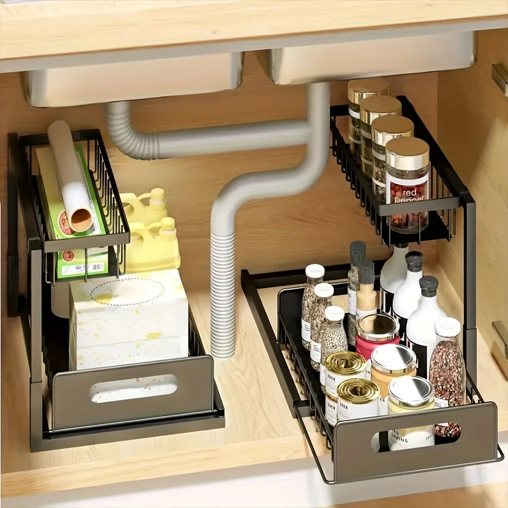 A 2-tier sewage storage box with a sliding pull-out cabinet storage rack and a metal sliding drawer.