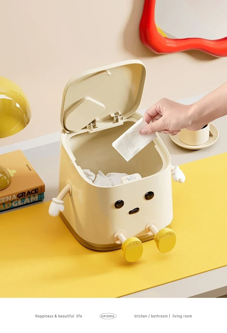 1pcs Desktop Mini Trash Can Press To Open The Cover Plastic Trash Can Household Living Room Bedroom Rubbish Storage Bucket
