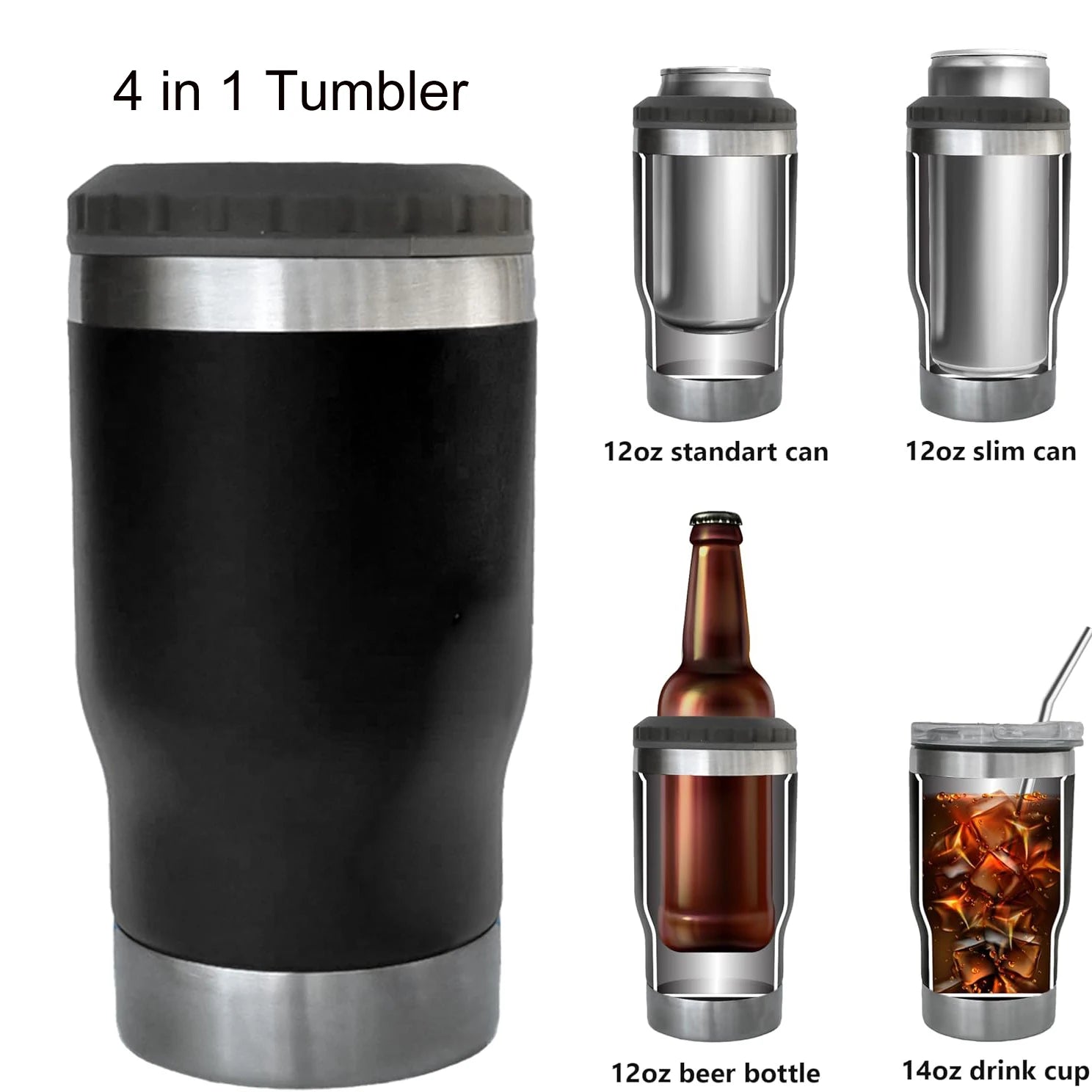 4 in 1 Can Cooler Tumbler for 12 Oz Cans, Slim Cans,and Bottles with Built-in Bottle Opener,Insulated Cool Summer Ice Bottle Cup