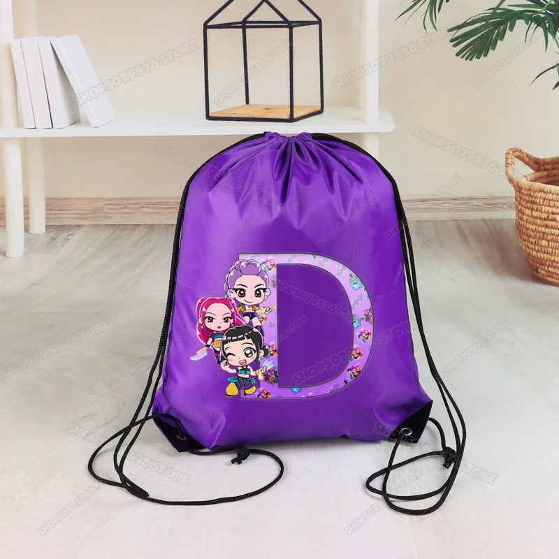 KPop Demon Hunters Drawstring Backpack Portable Foldable Storage Bag Reusable Sack Yoga Sport Organizer Travel Sundries Pouch