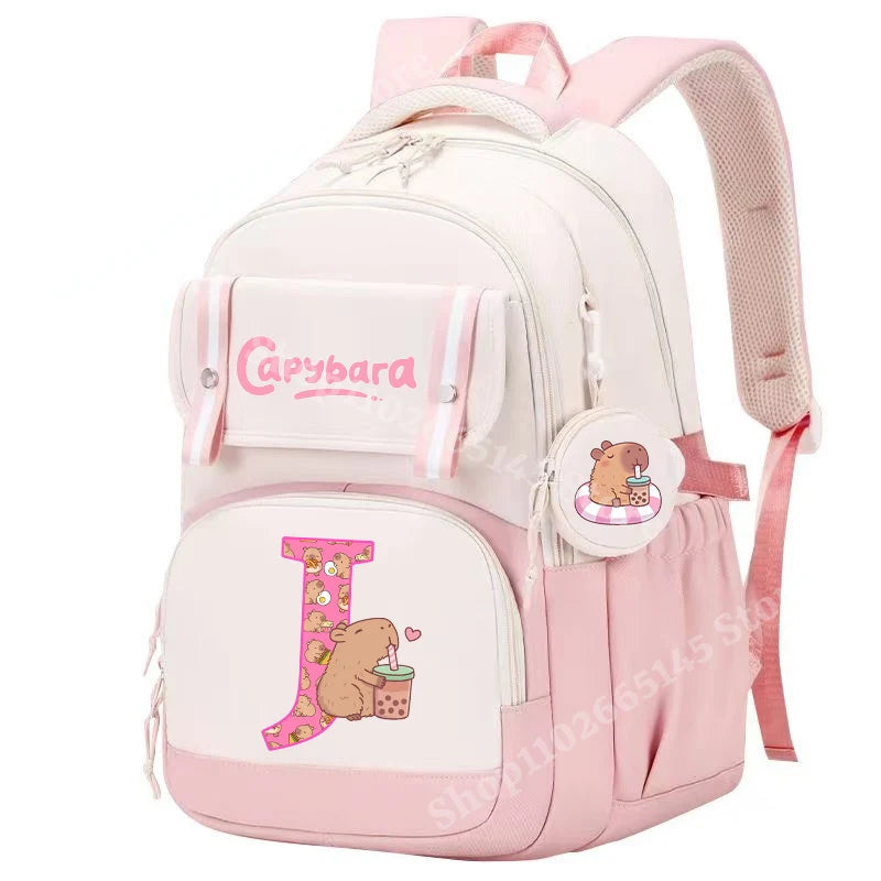 Capibara Cute Backpack Girl Anime Capybara Letter A-Z School Bags Kids Outdoor Sport Shoulders Bag Travel Rucksack Children Gift