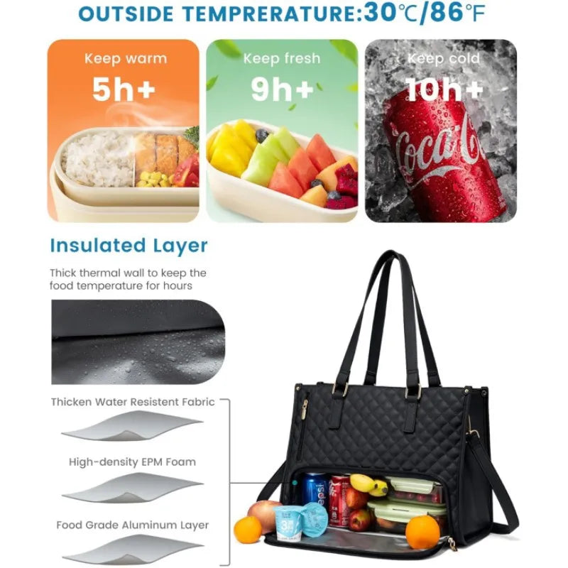 Women's 2-in-1 Insulated Lunch Bag Suitable for 15.6-inch Laptops Leak-proof Insulated Work Bag Waterproof Picnic Cooler Bag