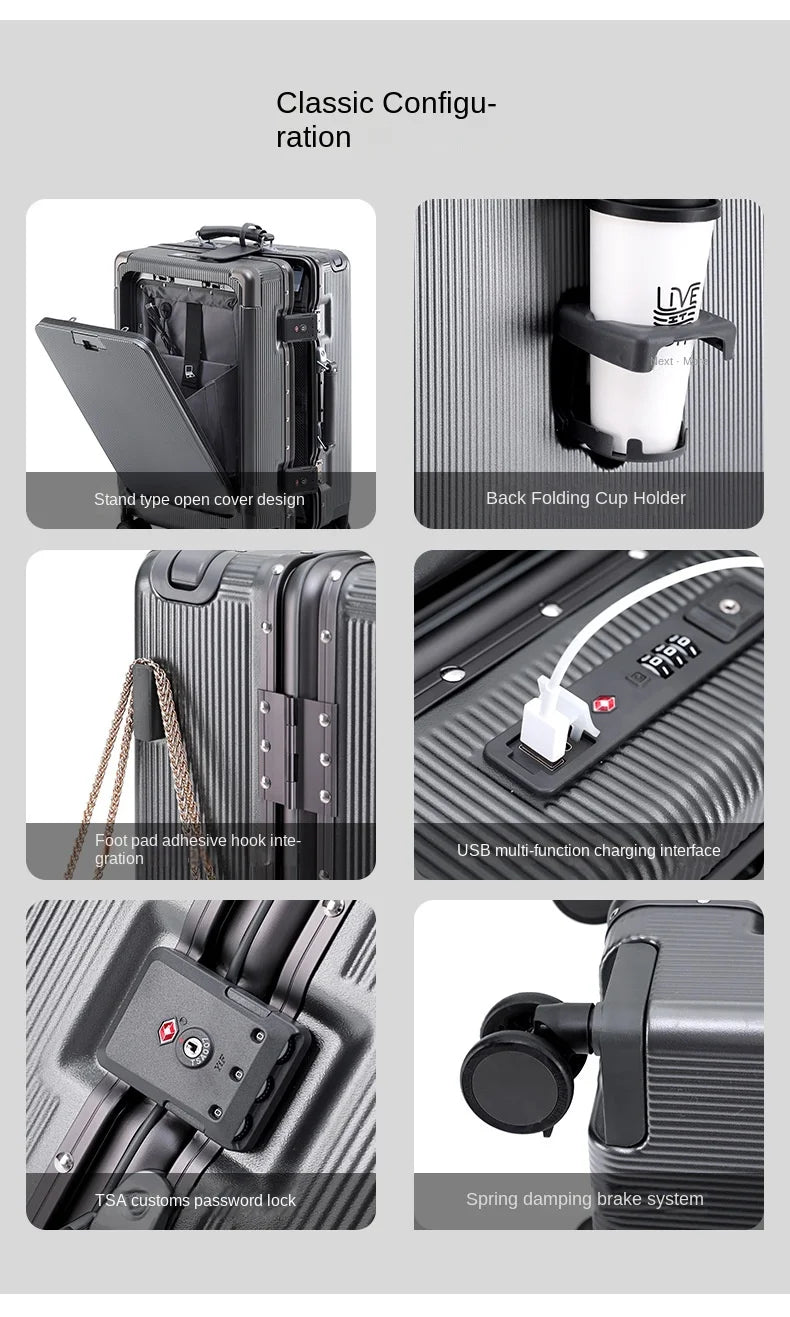 24"26 Inch Travel Suitcase Aluminum frame Wide Trolley Case Carry-on Luggage with Cup Holder 20Inch Boarding Box Rolling Luggage