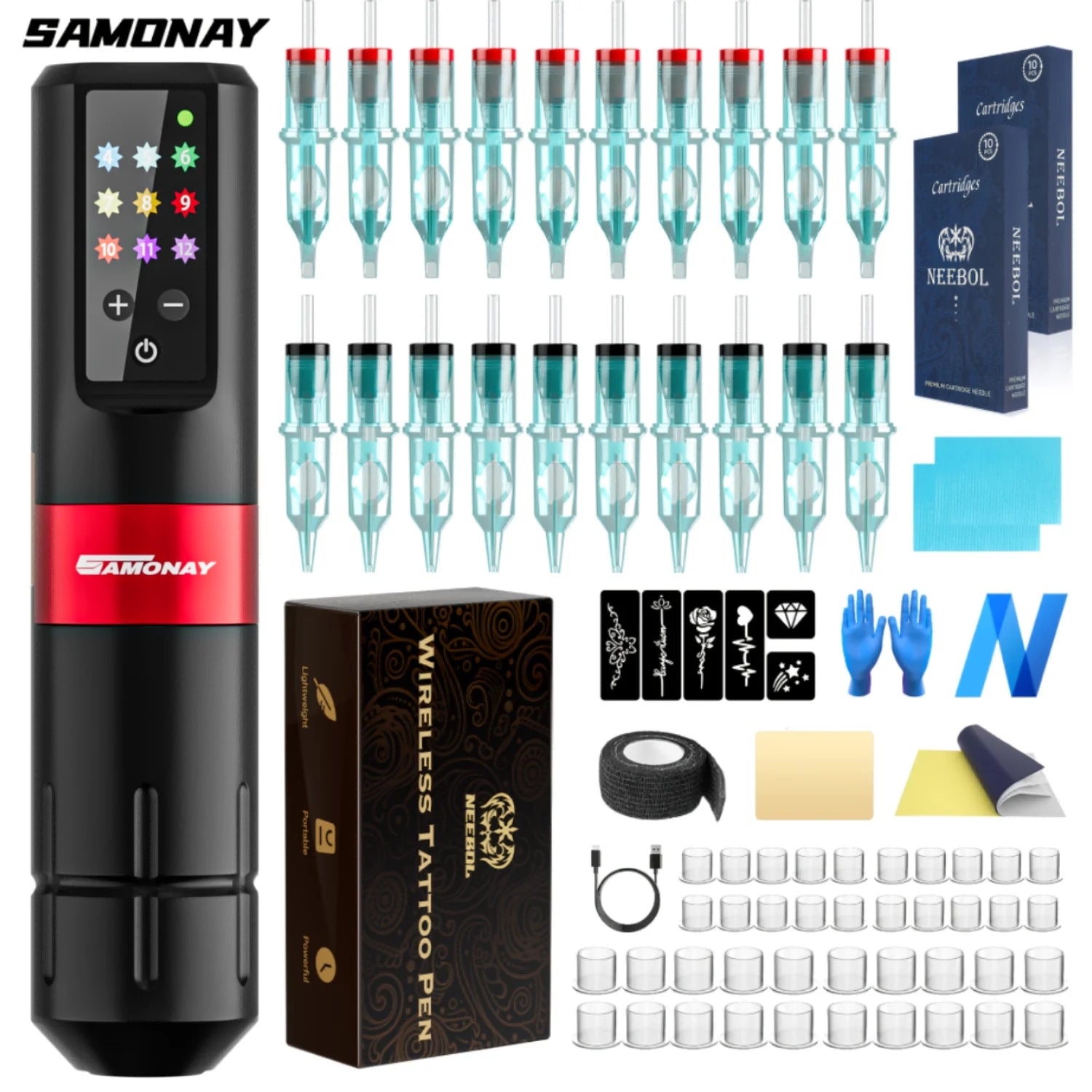 NeebolRotary Wireless Tattoo Machine Kit Complete Tattoo Set with 20PCS Cartridge Needle Permanent Makeup Tool for Tattoo Artist