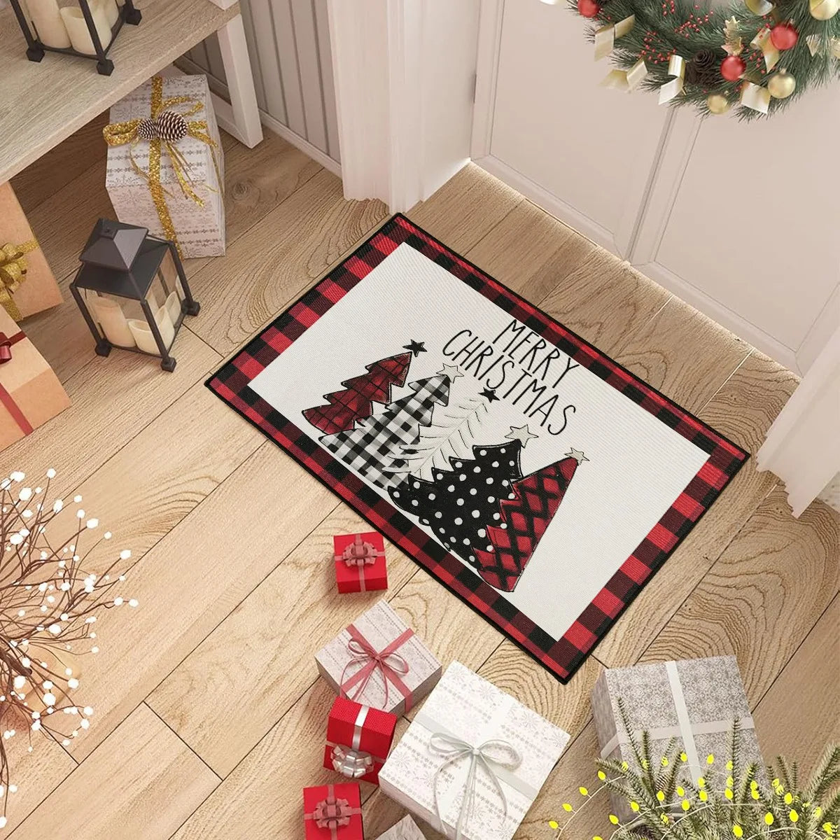 Christmas Kitchen Floor Mats, Plaid Pattern Kitchen Runner Rug for Kitchen Decoration Home 2024 Navidad Noel Gifts New Year 2025