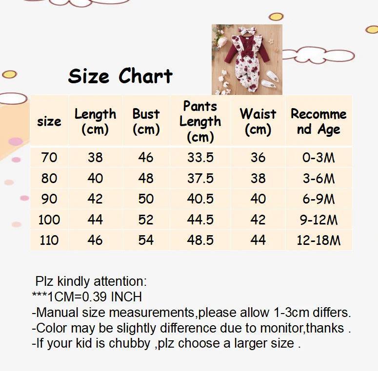 0-24 Months Newborn Baby Girl 3PCS Clothes Set Long Sleeve Romper+Flower Strap Pants+Headband Spring&Autumn Lovely Outfit