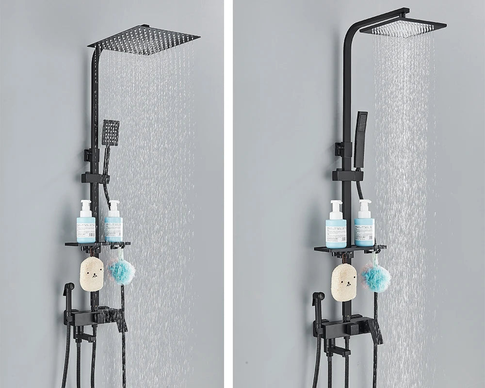 Black Gold Bathroom Shower System Brass Hot Cold Bathroom Faucets Set Accessories 10 Inch Stainless Steel Rain Shower Head