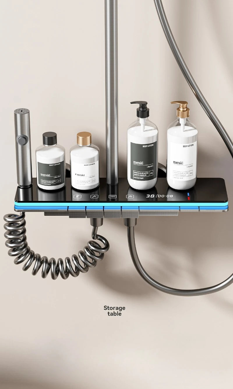 Grey Shower System with Ambient Light Intelligent Digital Shower Faucet Set Temperature Display Rainlfall Bathroom Shower Set
