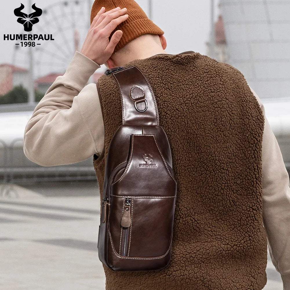 HUMERPAUL New Men's Chest Bag Crossbody Pack Genuine Leather Large Capacity Casual Messenger Bag Retro Men Handbag Shoulder Bag