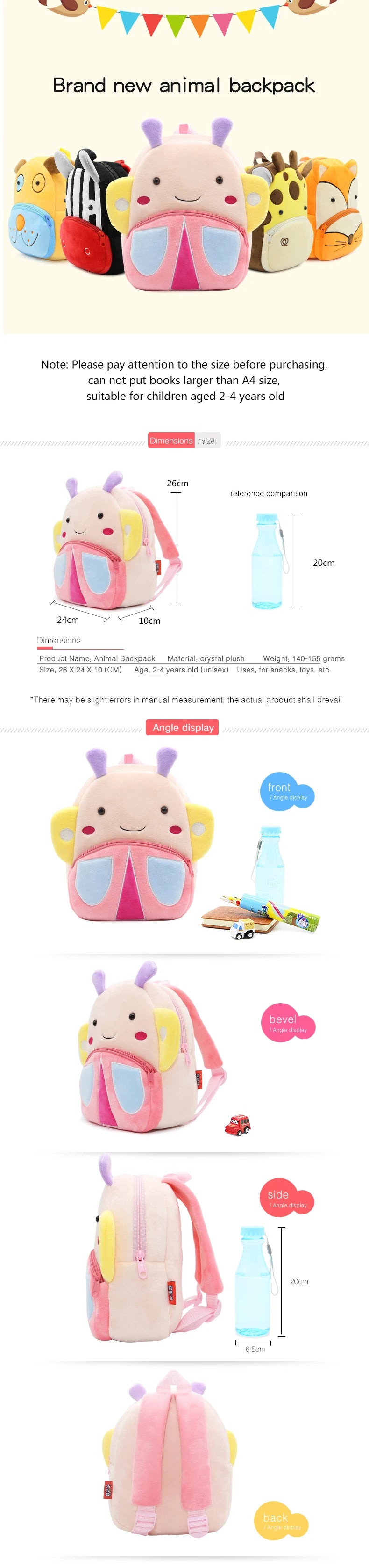 Girls School Backpack Cute Pink Butterfly Kids Plush Backpack Kindergarten School Bag