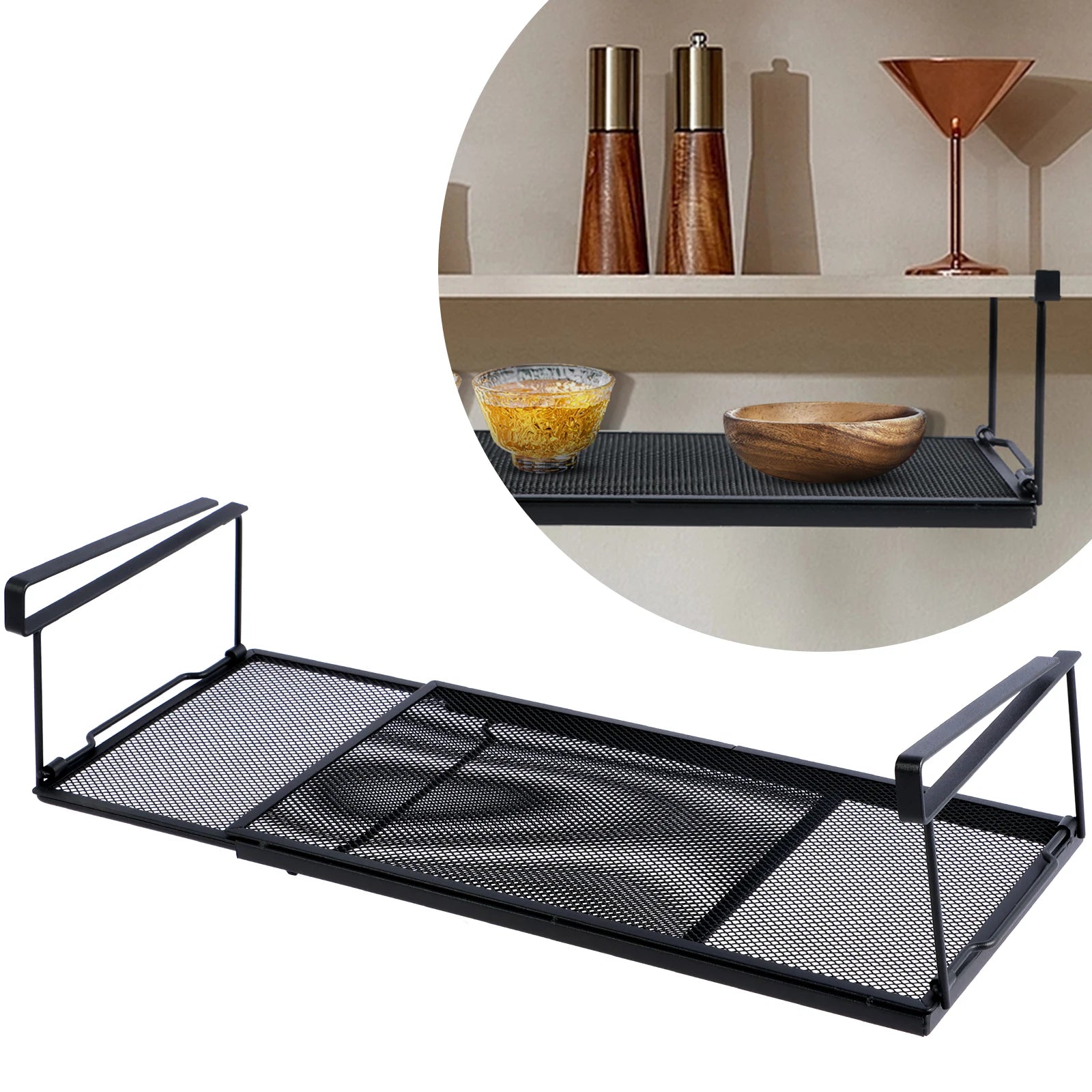 Extendable Under Cabinet Organizer Shelf Steel Under Desk Storage Rack Multipurpose Kitchen Household Hanging Storage Basket