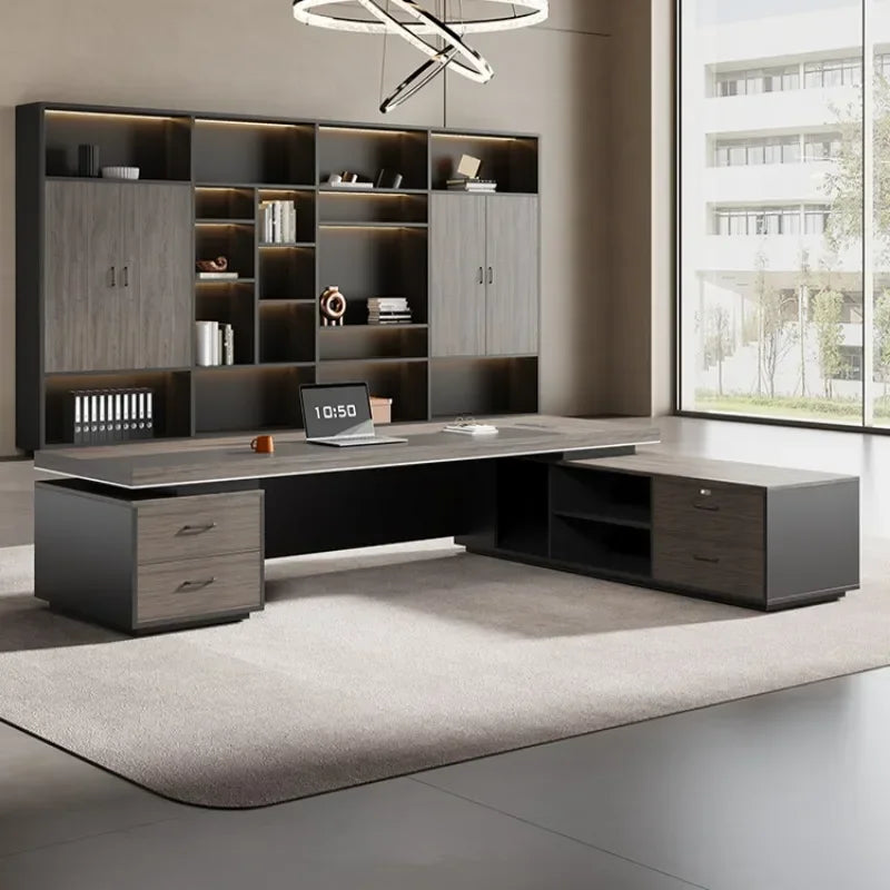 Light Luxury Vintage Office Desk Organizer L Shaped Mid Century Dark Wood Computer Desks Work Art Bureau Meuble Office Furniture