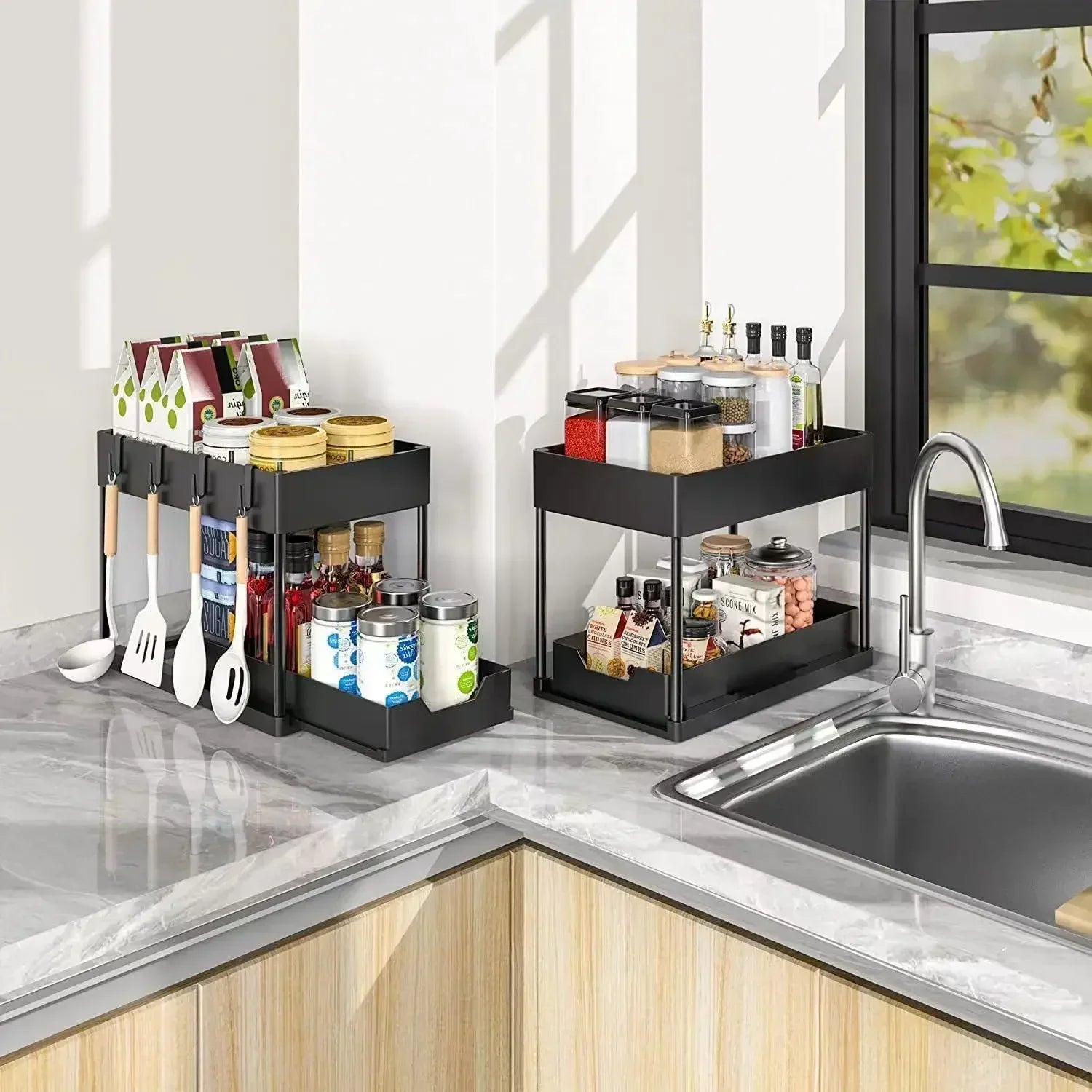 Two-tier Pull-out Sink Base Storage Cabinet with Sliding Baskets and Hooks, Suitable for Bathroom and Kitchen Storage