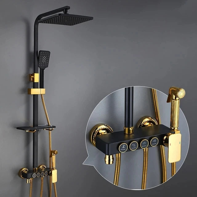 KEMAIDI Black Gold Shower Faucet Set Bathtub  4-way Mixer  Tap with Bidet and Shelf  Bathroom Rainfall Shower Systerm Wall Mount
