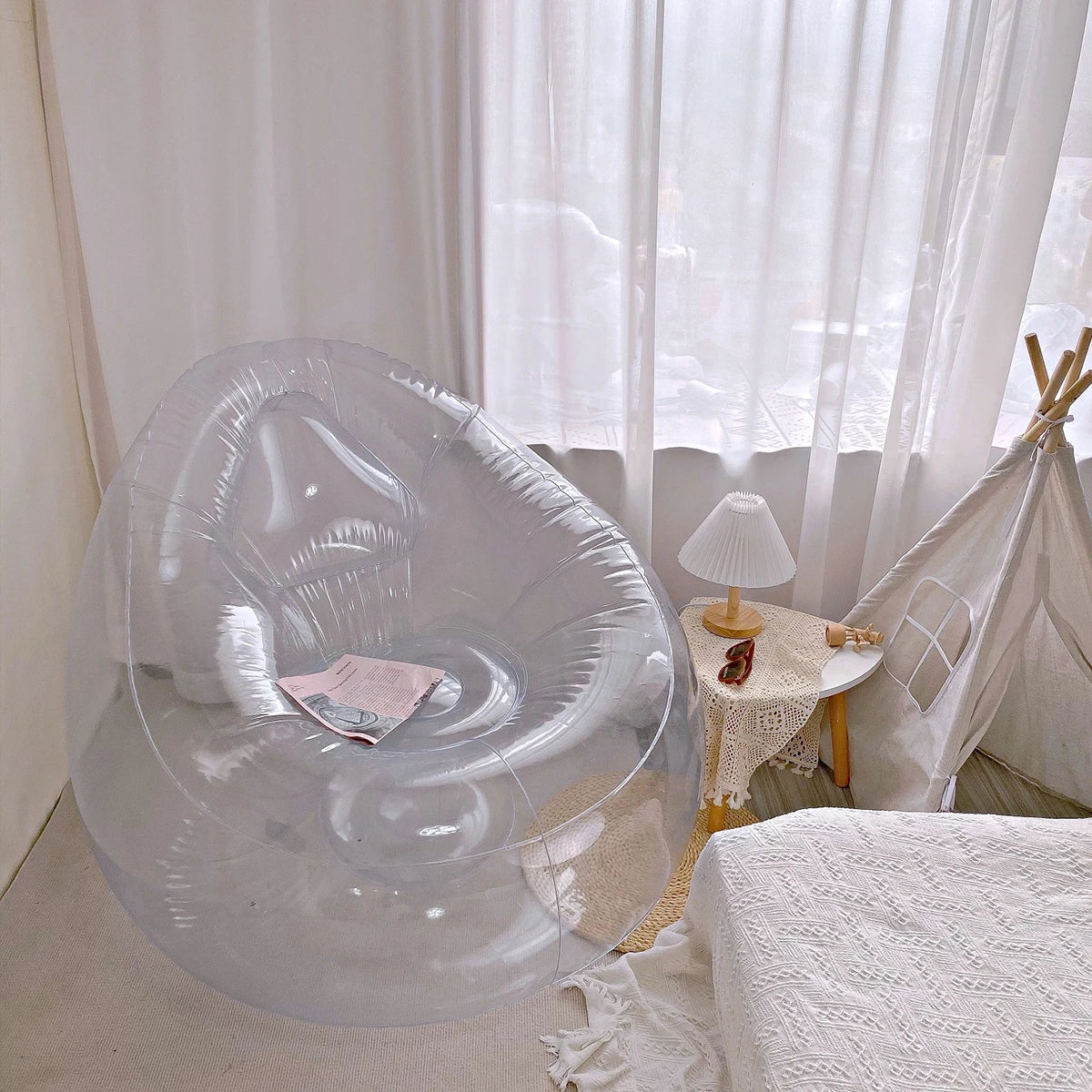 Transparent Inflatable Lounge Chair, Indoor and Outdoor Clear PVC Inflatable Single Sofa for Adult