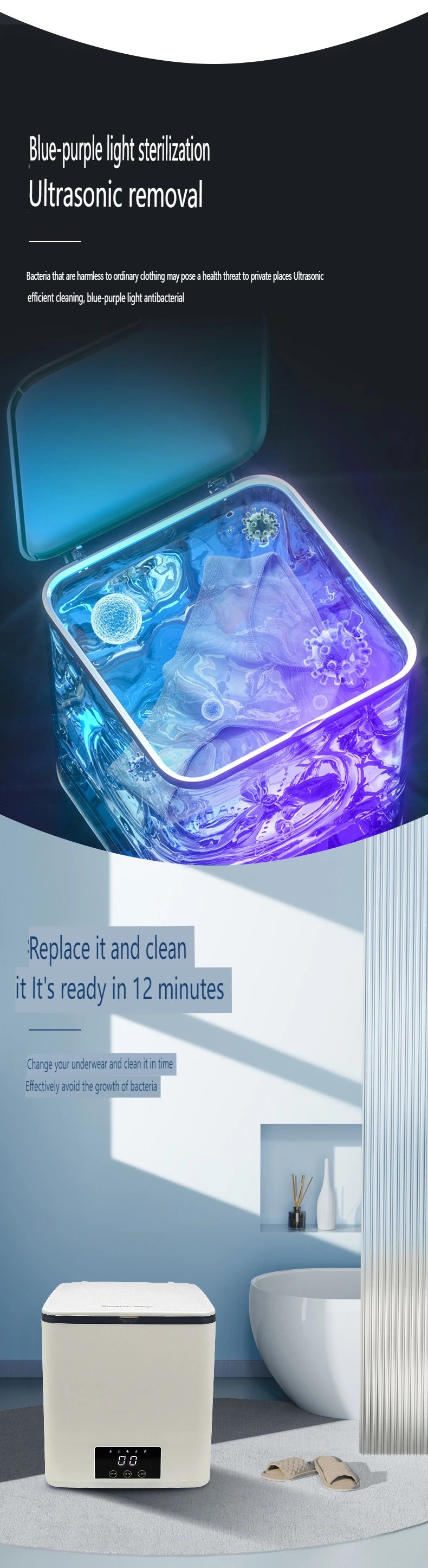 Mini Portable Washing Machine Ultrasonic Cleaning Blue-Purple Light Antibacterial for Socks Underwear Towels Small Clothes