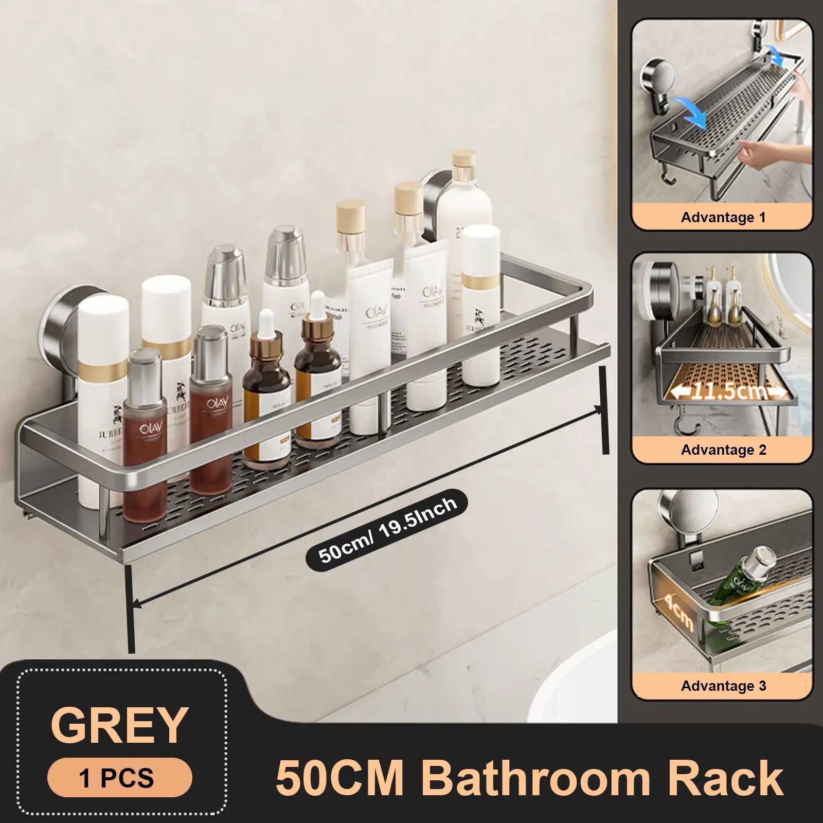 Space Aluminum Suction Cup Bathroom Rack No-punch Wall Mount Shower Storage Shelf Large Capacity Strong Load-bearing