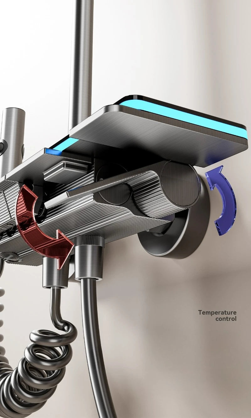 Grey Shower System with Ambient Light Intelligent Digital Shower Faucet Set Temperature Display Rainlfall Bathroom Shower Set