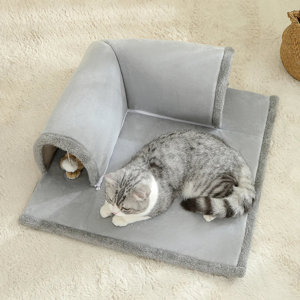 Cozy Cat Bed with Tunnel for Indoor Cats Multifunctional Cat Activities Tunnel Bed with hanging balls Cat Bed with Tunnel