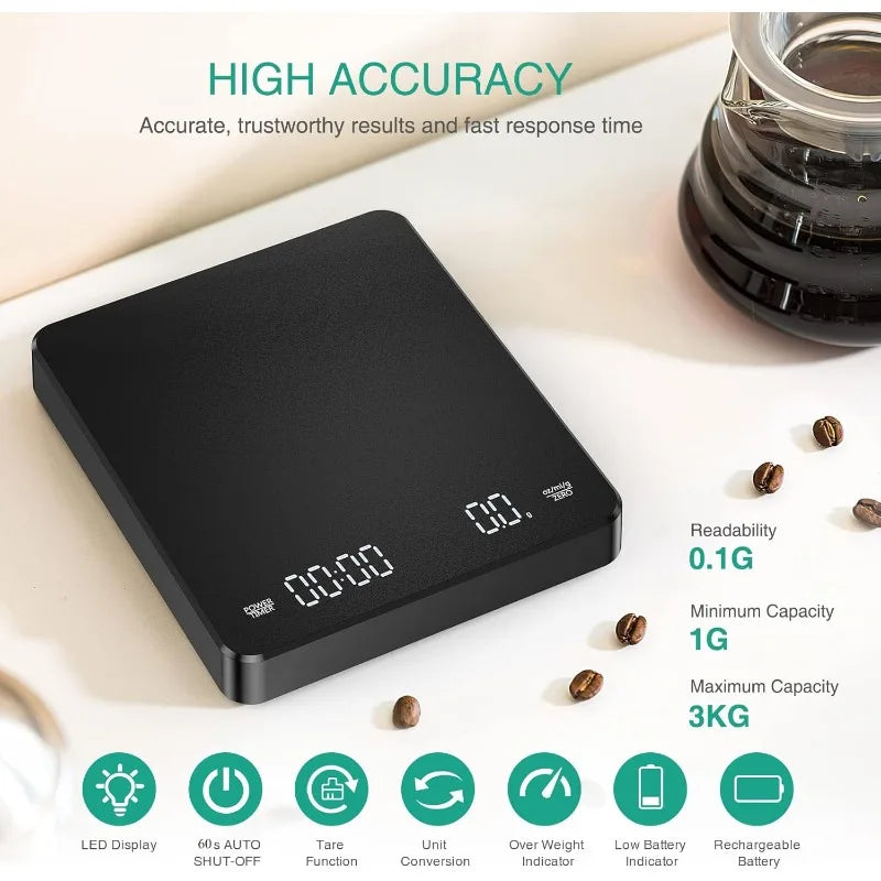 Digital Rechargeable Coffee Scale with Timer 3kg Max 0.1g Precision LED Screen USB Espresso Kitchen Scale for Brewing