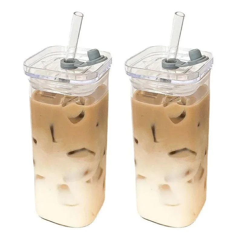 2PCS Square Heat Resistant Coffee Glass Cup With Lid and Straw Transparent Milk Tea Juice Cups Coffee Mug For Home Bar Drinkware