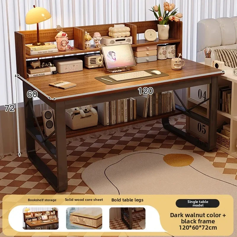 Solid Wood Computer Desk Household Desk Bookshelf Integrated Student Learning Desk Rental House Simple Office Table and Chair