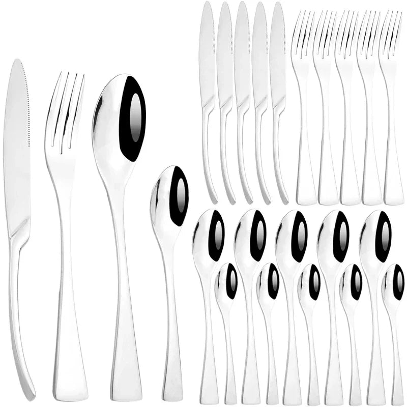 24Pcs/Set  Cutlery Sets 304 Stainless Steel mirror Tableware Knife Forks Spoons Silverware Dinnerware Kitchen Flatware Gift Box
