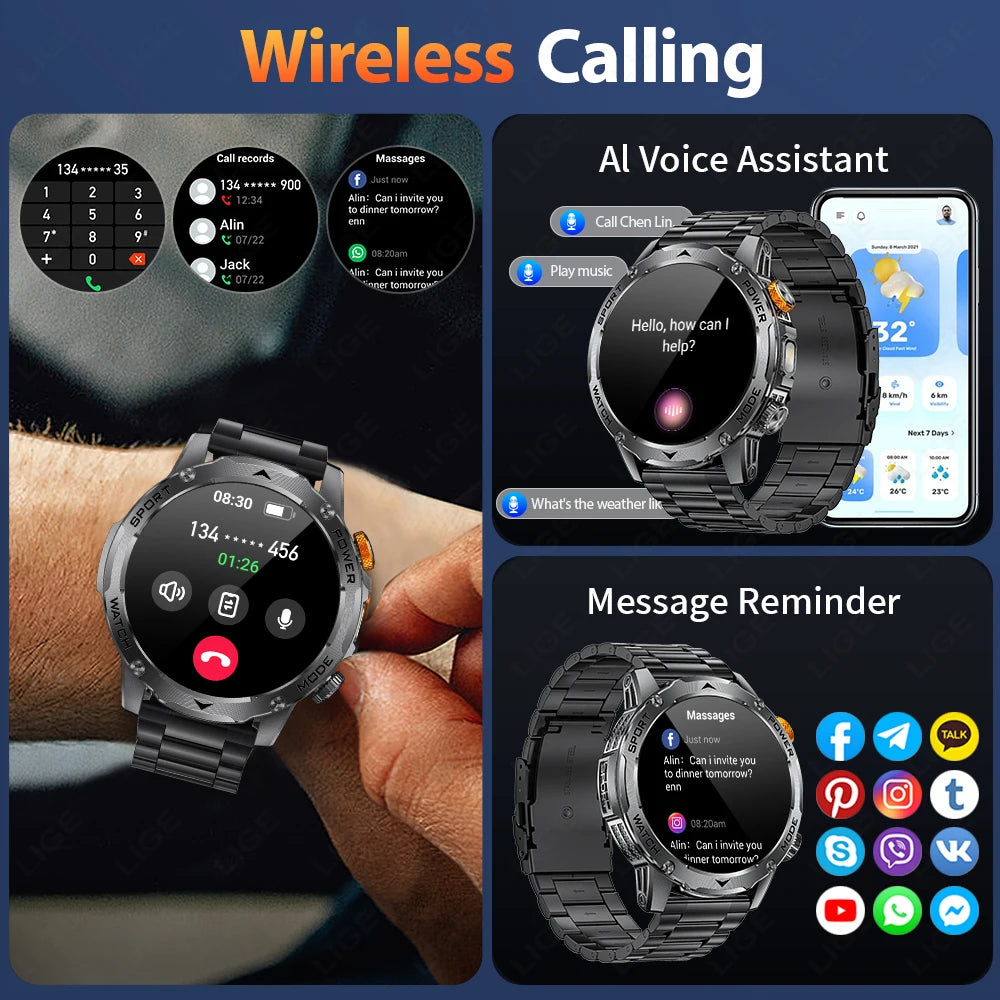 LIGE Military Smart Watch Men 1000mAh Battery Outdoors LED Flashlight Waterproof Heart Rate Sport BT Call 1.7" AMOLED Smartwatch