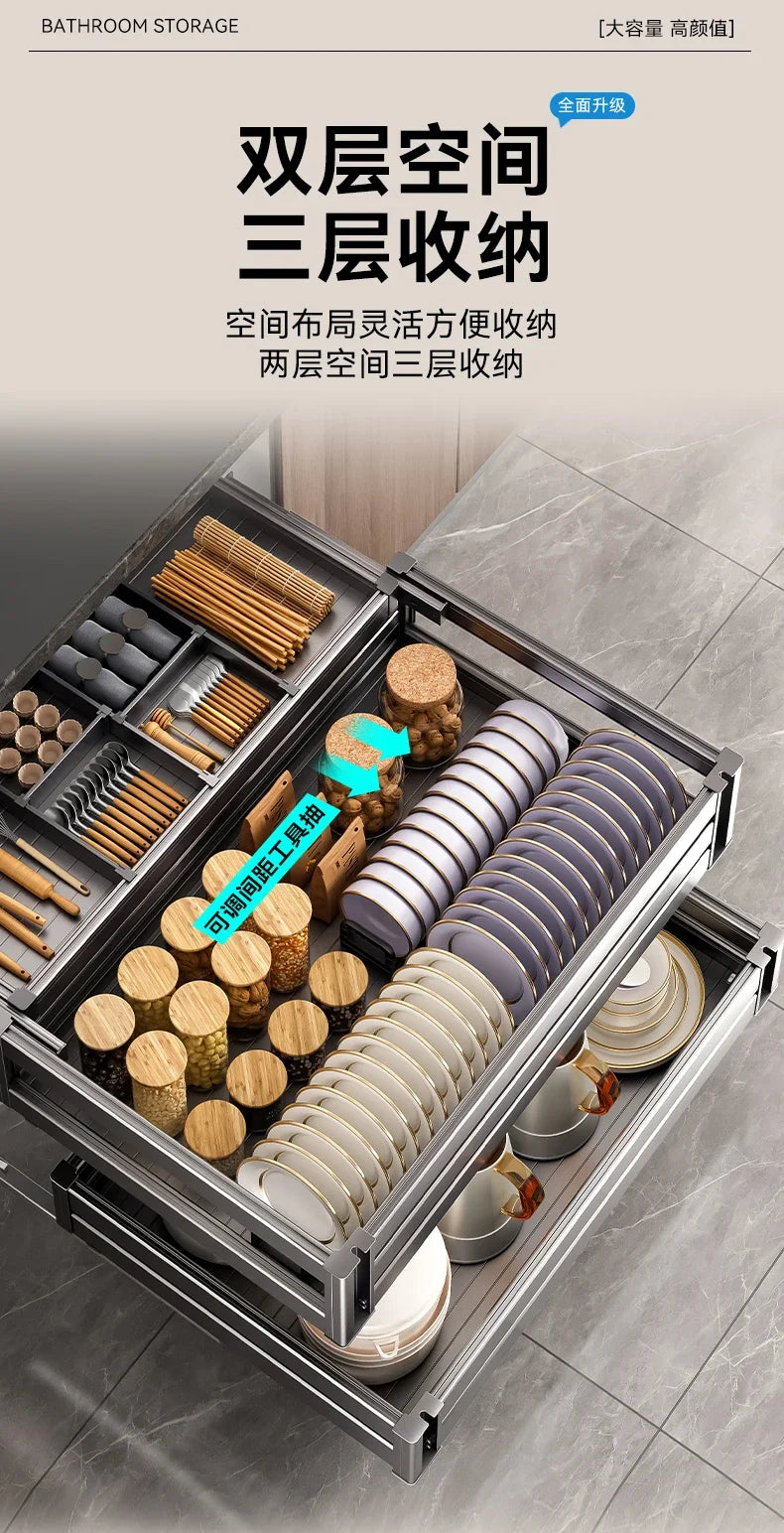 Kitchen Cabinets Dish Baskets Double Drawer Bowl Rack Seasoning Storage