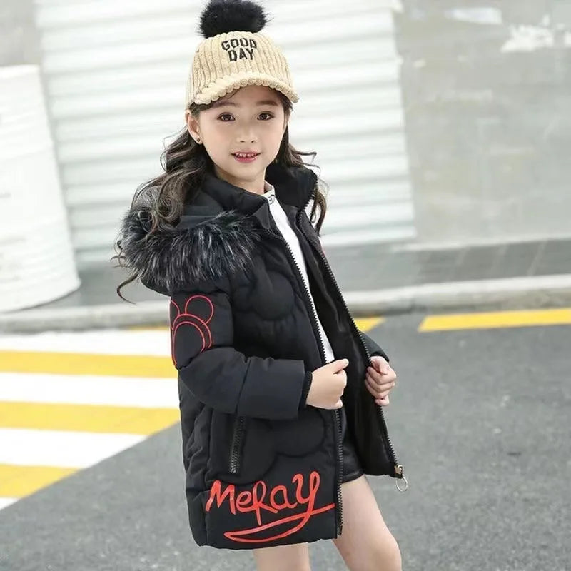 5-14 Years Old Winter Boys Girls Jacket Long Style Hooded Fur Collar Colorful Heavy Coat For Kids Children Outerwear