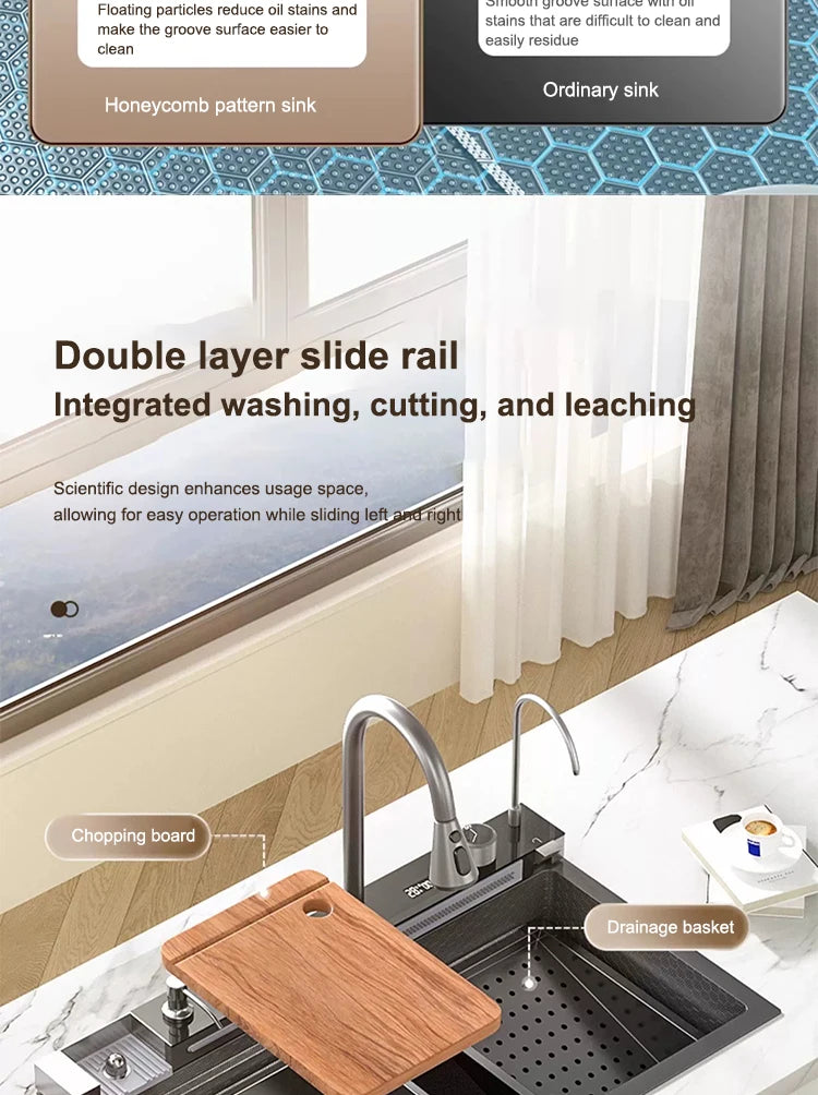 Kitchen Sink Stainless Steel Waterfall Sinks Extra Large Single Slot with Digital Display Faucet Set For kitchen