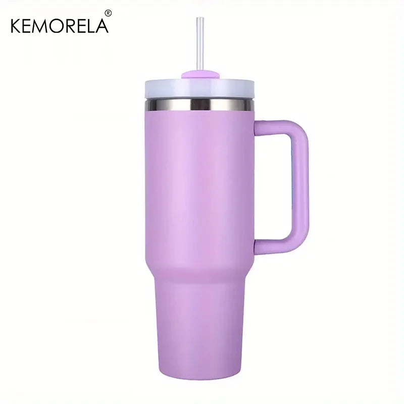 KEMORELA 1PC 900/1200ML Large Capacity Cold Cup Tumbler Stainless Steel Cup Straw Ice Cup Car Cup Handle Thermos Cup Drinkware