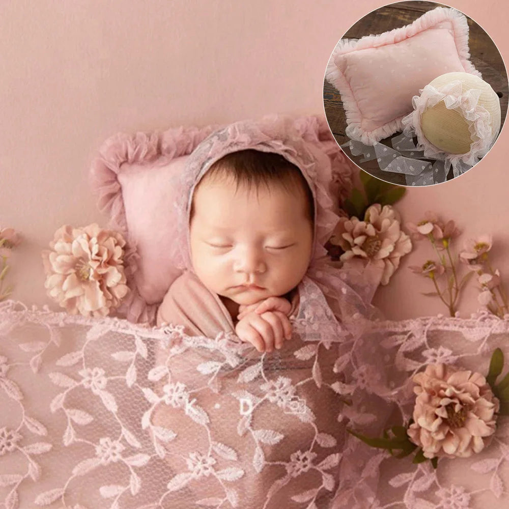 Newborn Photography Props Lace Hat+Pillow 2pcs/Set Baby Posing Props Up Pillows Studio 0-1 Month Infant Photoshoot Accessories