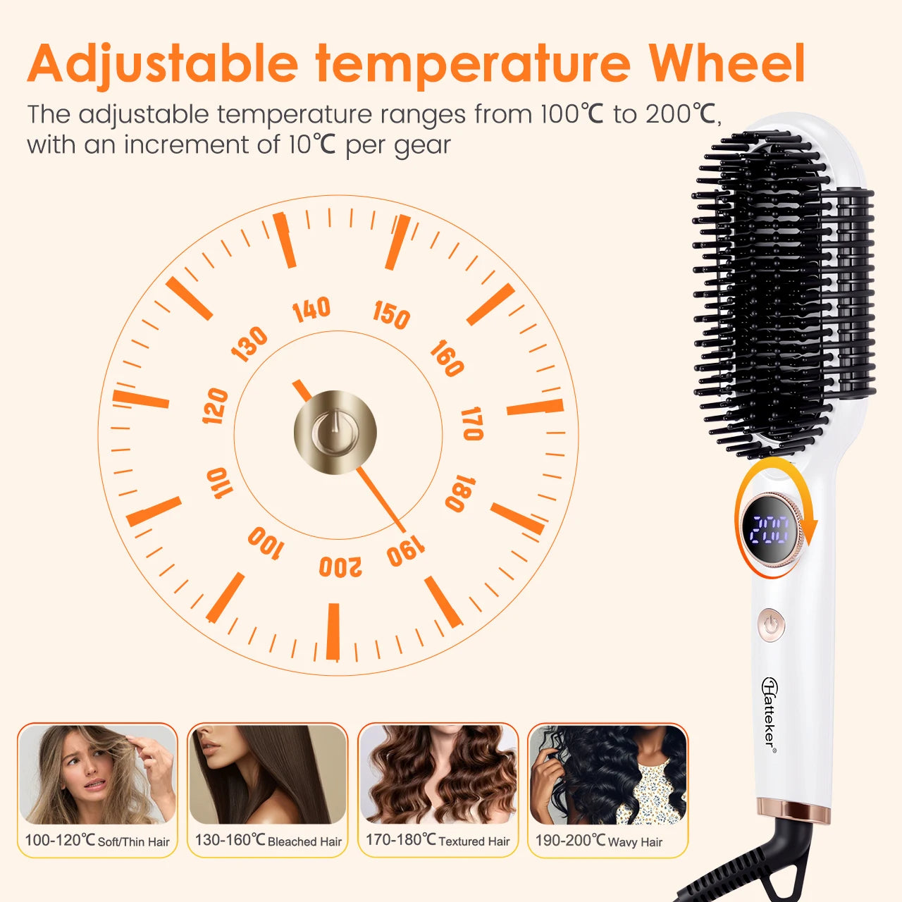 Hatteker Multi-Setting Hair Styling Comb Adjustable Temperature Volumizing Straightening/Curling Brush Hair Straightener Comb