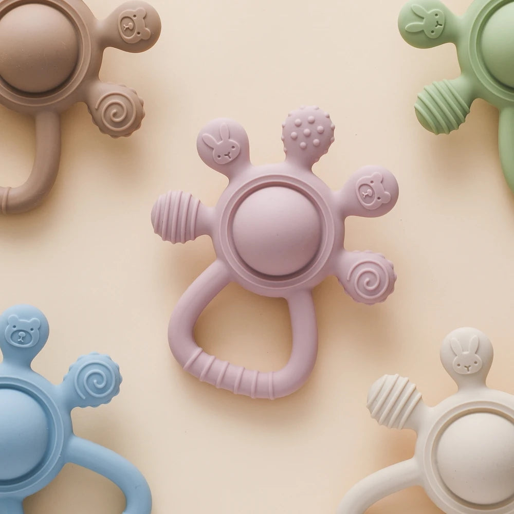 BPA Free Silicone Teether Food Grade Baby 0-12 Toys Teething Rattle Sensory Toys for Toddlers Silicone Hand Bell Soothing Toys