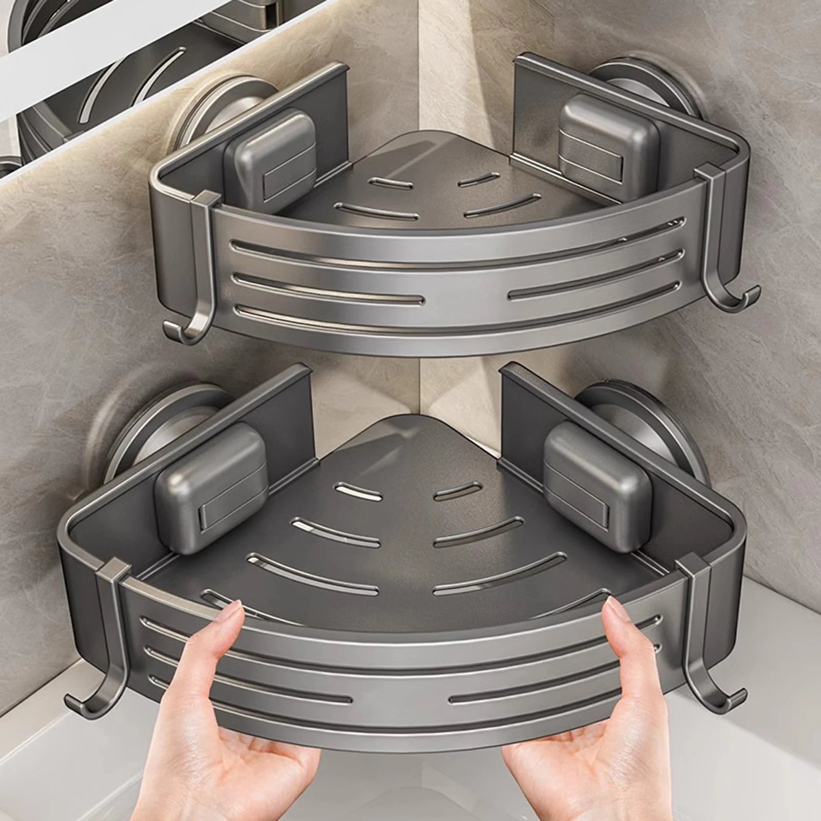 Triangular Shower Shelf with Hooks Suction Cup No Drill Bathroom Organizer Aluminum Corner Rack for Shampoo Soap Kitchen Storage