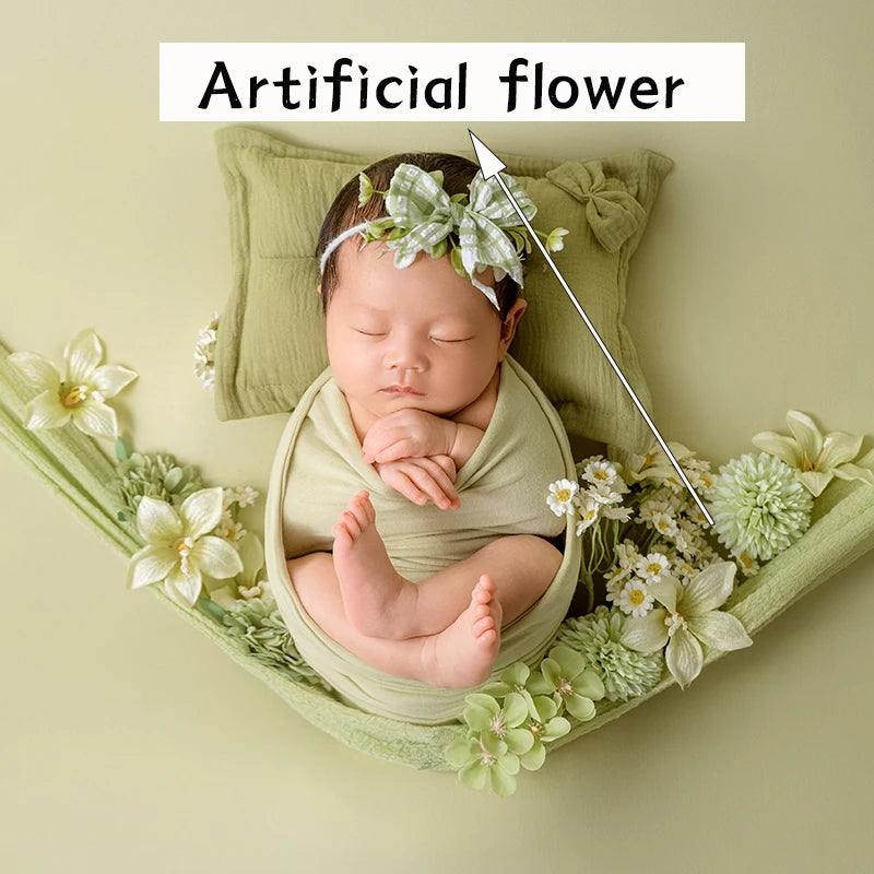 Green Theme Newborn Baby Photography Props Cute Bow Headflower Baby Posing Elastic Wrapping Cloth Background Blanket Accessories