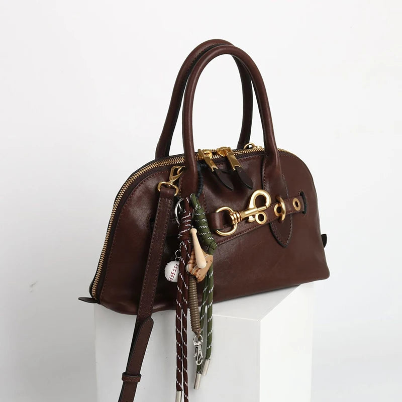 2025 Luxury Brand Genuine Leather Women Handbags Fashion Gold Buckle Shoulder Bags Women Spring Retro Sheepskin Boston Bags Lady