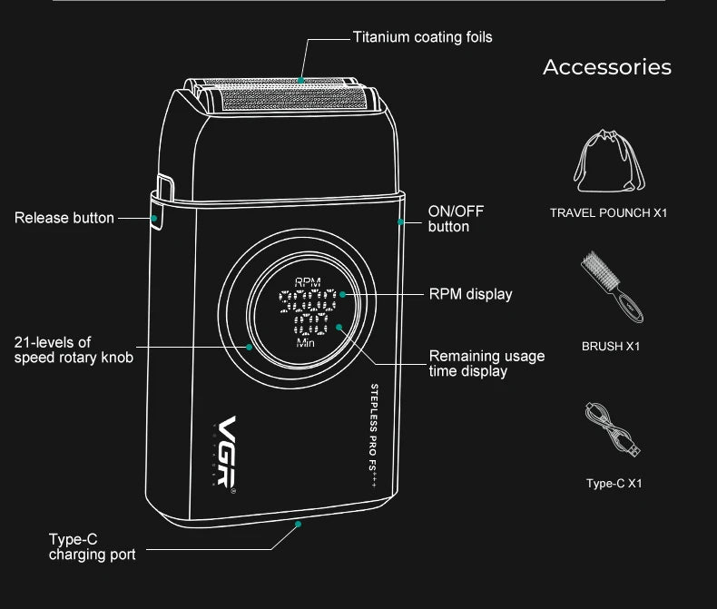 VGR high-end men's shaver alloy reciprocating three blade shaver LED intelligent digital display 9000 speed hair trimmer V-378